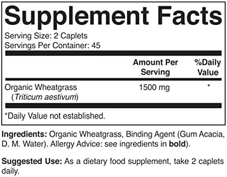 Brieofood Organic Wheatgrass 1500mg, 45 Servings, Vegetarian, Gluten Free, 90 Vegetarian Tablets