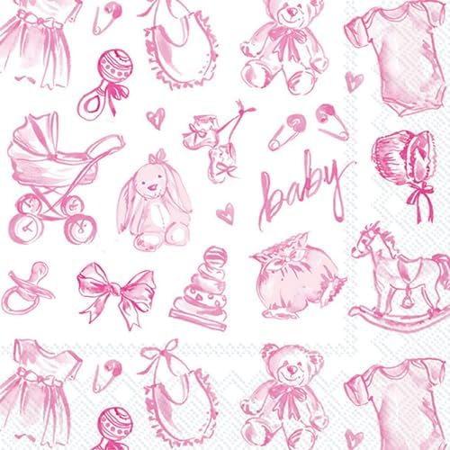 IHR Ideal Home Range Cocktail Napkins Rosanne Beck Disposable 3-Ply Paper Party Napkin Pack, 5" x 5", Baby Toile (Pink), 20-Count