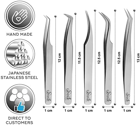 SIVOTE Eyelash Extension Tweezers for Classic & Volume Lashes, 5-Pack, Silver