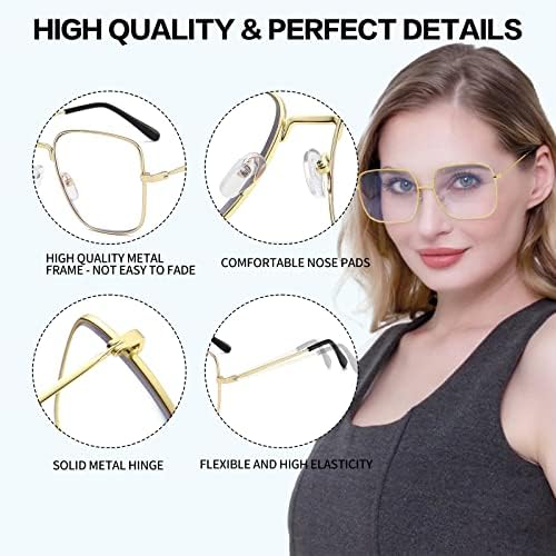 Oversized Square Metal Reading Glasses Women Men, Large Anti Eyestrain Eyewear, Blue Light Blocking Computer Readers