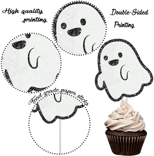 Halloween Ghost Cupcake Toppers Glitter Cake Decorations 24Pcs Halloween Boo Cupcake Picks White Ghost Cake Topper for Baby Shower Birthday Party Supplies