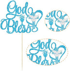 Ephlyn 1Pcs God Bless Cake Topper Glitter Dove Cross Christening First Communion Cake Pick Baptism Cake Decorations for Religious Theme Party Baby Shower Birthday Party SuppliesBlue
