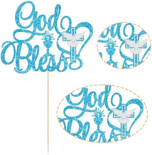 Ephlyn 1Pcs God Bless Cake Topper Glitter Dove Cross Christening First Communion Cake Pick Baptism Cake Decorations for Religious Theme Party Baby Shower Birthday Party SuppliesBlue