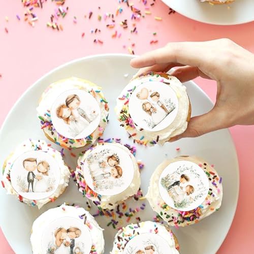 40PCS Edible Circle Wedding Groom Bride Cupcake Toppers Mr Mrs Cupcake Picks for Bridal Shower Engagement Newly Married Happy Wedding Cake Cupcake Decorations Proposal Party Decors