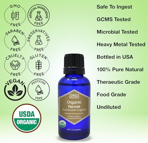 Organic, Fennel Essential Oil, Food Grade – 100% Pure, Fennel Oil, by Zongle Therapeutics, 1 OZ