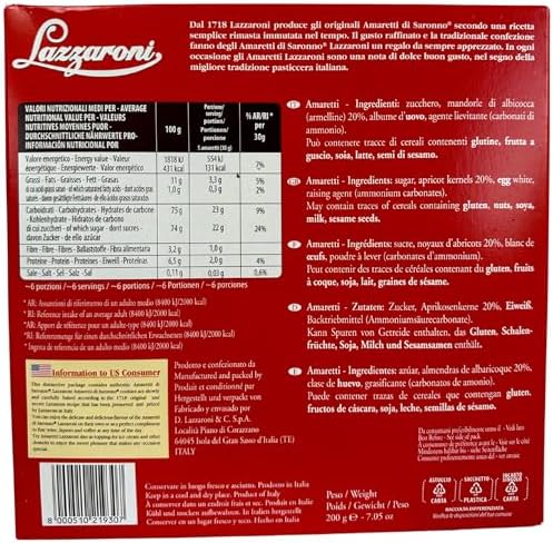 Lazzaroni Amaretti Di Saronno Biscotti Cookies from Italy 7.05 oz. (200g) Crispy Amaretto Biscuits - Macarons - Individually Wrapped - Classic Crunchy Biscottini - Christmas - Similar to Cantucci