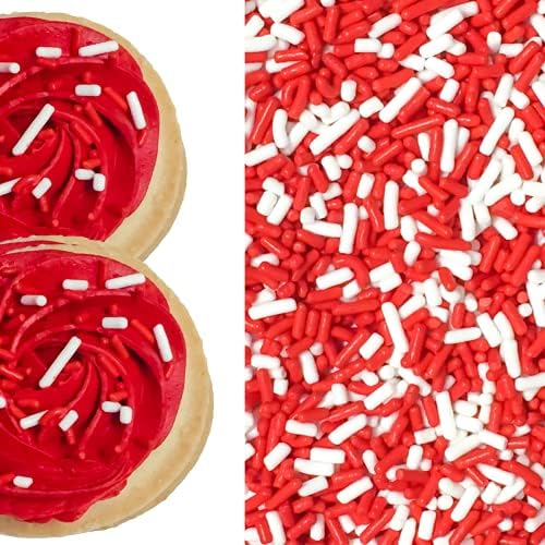 Red and White Valentine Christmas Birthday Cake Pop Cookie Cupcake Cakes Semi-Sweet Edible Confetti Decorations Sprinkles Desert Jimmies Toppers 6oz