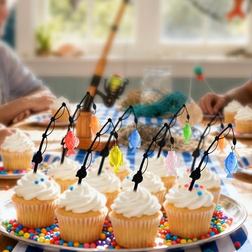 30 Pcs Mini Fishing Rod Cupcake Decorations, Suitable for Cupcake Decoration at Fishing Parties