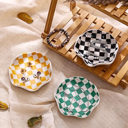 Koythin Ceramic Jewelry Tray, Checkered Pattern Aesthetic Decorative Trinket Dish for Rings, Earrings Necklaces Bracelet Watch Holder, Small Key Bowl, Birthday Mother's Day for Women (Green)