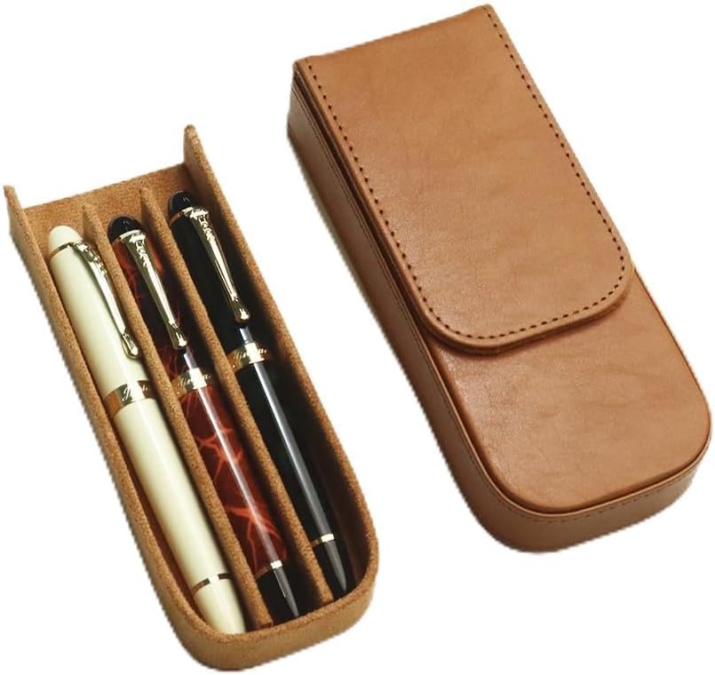 Leather Triple Pen Case Pencil Pouch Holder for Three Fountain Ballpoint Rollerball Pens and Pencils Gift Choice for Man/Woman/Office (brown)
