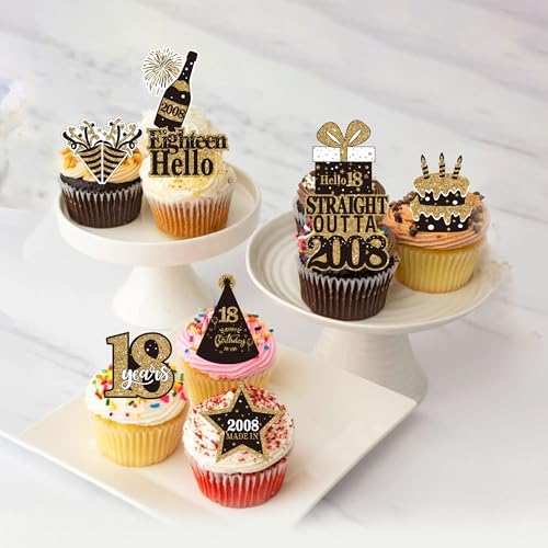 63 PCS Edible Happy 18th Birthday Cupcake Toppers Black Gold Eighteen 18 Straight Outta 2008 Cupcake Picks Edible Cheers to 18 Years Birthday Cake Decorations for 18th Birthday Party Supplies