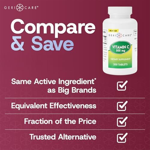 GeriCare Vitamin C 500 mg Antioxidant, Immune System Support, Nutritional Supplement Tablets, 200 Count (Pack of 1)