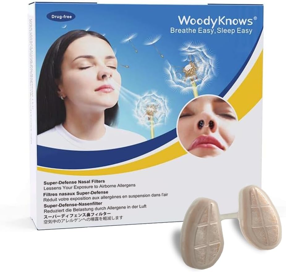 WoodyKnows 3 Super-Defense Nasal Filters with 24 Pairs of Replacement Filters, Seasonal Allergies and Industrial Pollution aid (Narrow, Medium, 3 Filters+24 Replacements)