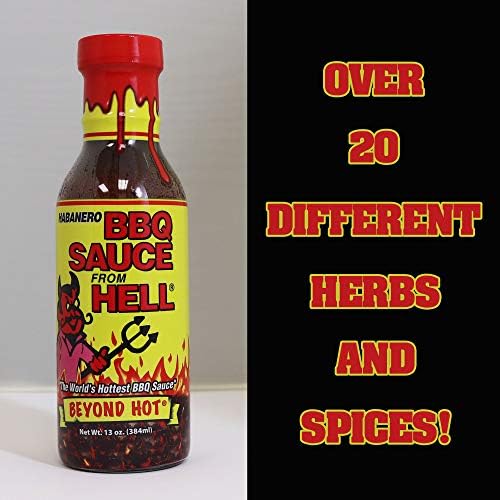 Habanero Spicy BBQ Sauce From Hell - 13 oz. - Premium Gourmet Spicy Hot Habanero Sauce for Chicken Wings and Ribs on the BBQ Grill – Warning - Try if you Dare!