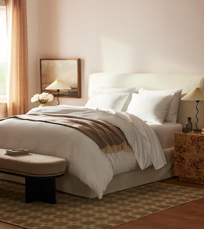 Brooklinen Luxury Sateen Sheet Set - 7 Piece 100% Cotton Bed Sheets - 1 Fitted & 1 Flat Sheet, 4 Pillowcases, 1 Duvet Cover, Soft Sateen Sheets for Ultimate Comfort King - White