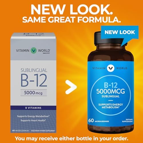 Vitamin World Vitamin B-12 5000 mcg. Sublingual 60 Microlozenges, Supports Energy Metabolism, Supports Heart Health