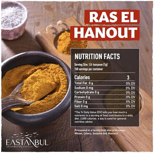 Eastanbul Ras El Hanout Spice, 5.3oz, Meat Seasoning, All-in-One Ras El Hanout Moroccan Spice Blend, North African Baharat Blend, Farm Fresh International Seasonings, Low Sodium, No MSG, No Filler