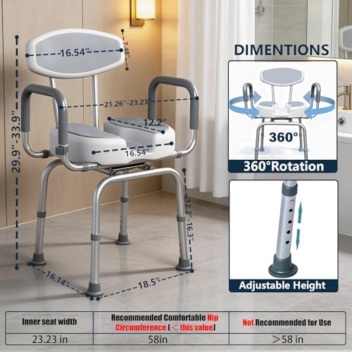 U Shaped Swivel Shower Chair with Arms & Back Support, 360° Rotating Bath Seat with Adjustable Width & Height, Shower Stool & Tub Seat for Elderly Disabled Adults, 330 LBS Weight Capacity