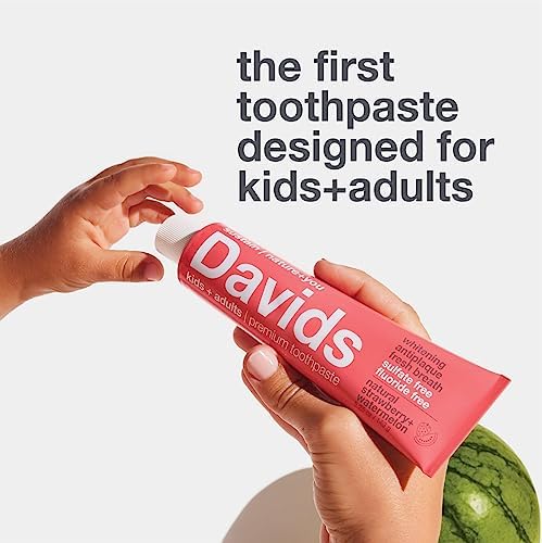 Davids Fluoride Free Kids & Adults Toothpaste, Teeth Whitening, Antiplaque, SLS (Sulfate) Free, Promotes Enamel Health, Mouth & Gum Detox, Natural Strawberry Watermelon, 5.25oz