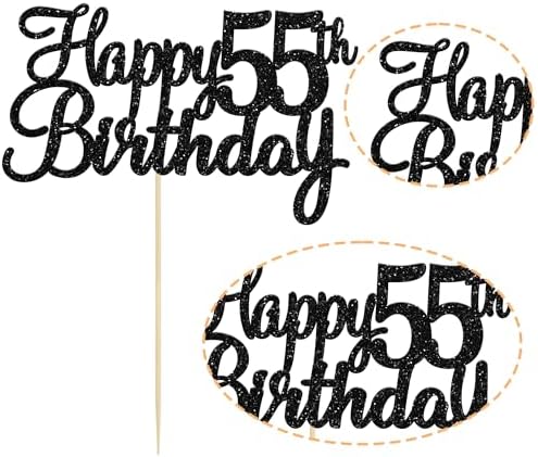 Gyufise 1Pc Happy 55th Birthday Cake Topper Glitter 55th Birthday Cake Pick Cheers to 55 Years Old Fifty-five Fabulous Cake Decorations for 55th Birthday Theme Party Supplies Black