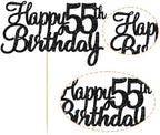 Gyufise 1Pc Happy 55th Birthday Cake Topper Glitter 55th Birthday Cake Pick Cheers to 55 Years Old Fifty-five Fabulous Cake Decorations for 55th Birthday Theme Party Supplies Black
