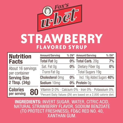 FOX’S U-BET Syrup Bottle – Brooklyn Original Since 1900, Thick, No High Fructose Corn Syrup, Kosher Certified, Fat Free, For Egg Creams, Coffee, Milkshakes & Desserts, 20 oz (1-Pack, Strawberry)