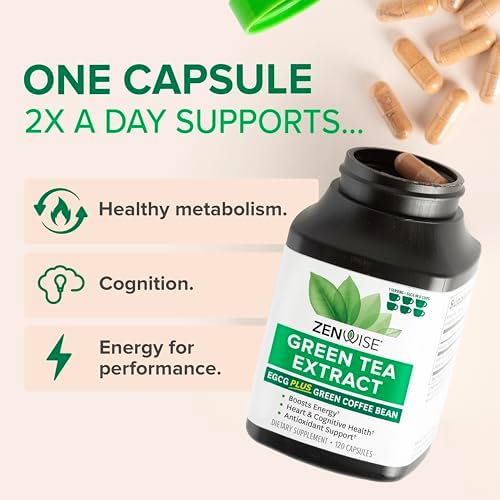 Zenwise Health Green Tea Extract Capsules for Men & Women - EGCG Supplement with Green Coffee Bean Extract Boosts Energy & Memory - Immune Support for Skin, Brain & Hearth Health - Vegan - 120 Count