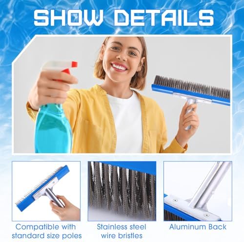 Gejoy 2 Pack 10" Stainless Steel Brush Pool Brush Head for Inground Pools, Algae Metal Wire Bristles and Aluminum Back Scrubber Heavy Duty Curved Ends for Tiles, Rust Stains on Concrete Walls