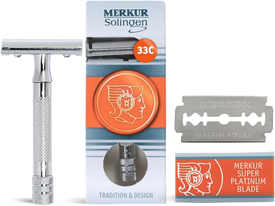 MERKUR 33C Double Edge Safety Razor, Three-Piece Design, Closed Comb, Short Handle, Bright Chrome Finish, Made in Germany