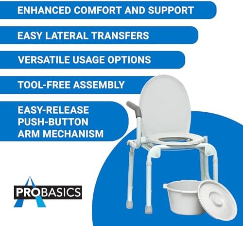 ProBasics Drop Arm Adjustable Bedside Folding Commode Chair Portable with Handles, for Elderly, Seniors, and Disabled People, Supports 300lbs, Adult Potty Chair