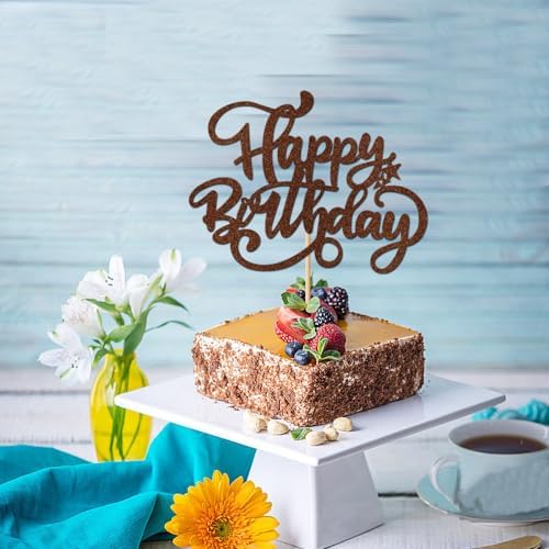 Happy Birthday Cake Topper,Brown Glitter Birthday Sign Cake Decorations，Anniversary Party/Bday Party Decoration Supplies(Brown Glitter)