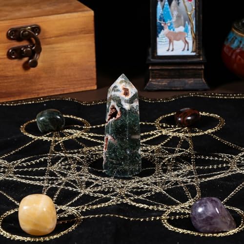 SUNYIK 2.3-3.1" Natural Moss Agate Crystal Wand, Polished 6 Facted Crystal Point Tower for Reiki Healing Meditation Divination Therapy Home Office Decor