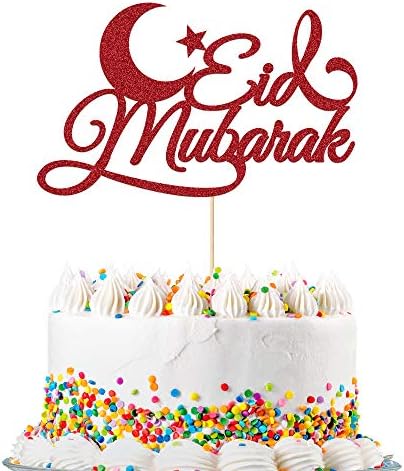 Eid Mubarak Glitter Cake Topper Ramadan Islam Party Decoration Hajj Double Sided Glitter Card(Red)
