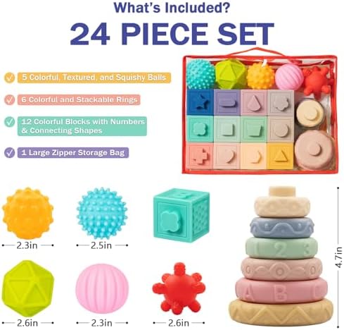 Jyusmile Baby Toys 6-12 Months, Montessori Toy for Babies 6-12 Months, Incl Stacking Building Blocks & Soft Infant Teething Toys & Sensory Balls for Toddlers 0-3-6-9-12 Month