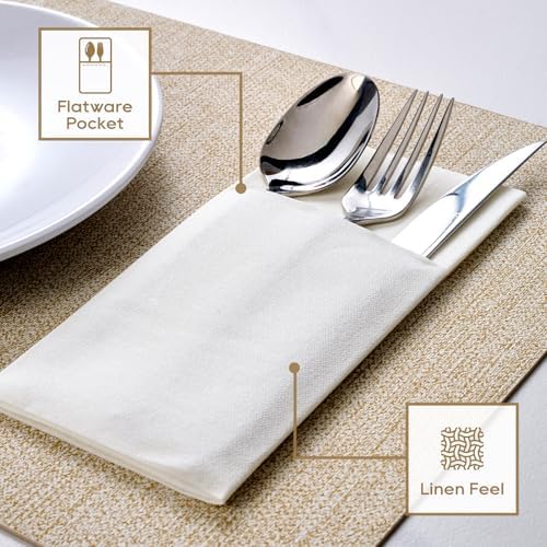 FOCUSLINE 50 Count Disposable Cloth-Like Napkins, Built-in Flatware Pocket, Prefolded Linen Feel White Napkins