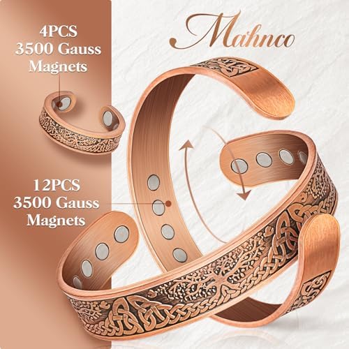 Mahnco Copper Bracelet for Men & Women,12X Strength Magnetic Bracelets & Lymphatic Drainage Ring for Mens, 100% Solid Pure Copper Jewelry Gift