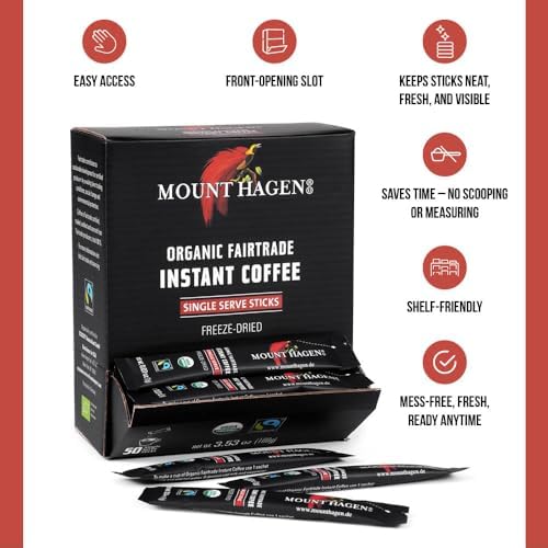 Mount Hagen Dispenser Box – 50 Count Organic Instant Coffee Packets Single Serve, Medium Roast Eco-friendly, Fair-Trade, Freeze-dried Arabica Beans [50 sticks/3.53oz/100g]