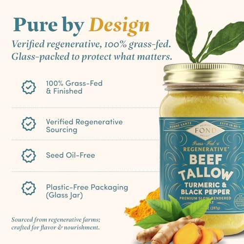FOND Regenerative Grass-Fed Beef Tallow for Cooking – High Smoke Point Grass Fed Beef Tallow for Frying, Sautéing, & Roasting – Sustainably Sourced, Seed Oil Free – Turmeric & Black Pepper, 14oz