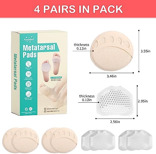 Metatarsal Pads for Women and Men - AMODOST Ball of Foot Cushions Shoe Pads for High Heels - Soft Gel and Fabric Reusable Forefoot Heel Pads Feet Pain Relief - 4 Pairs