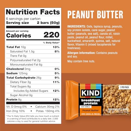 KIND Breakfast Protein Bars, Peanut Butter, Gluten Free, Low Sodium, Healthy Snacks, 8g Protein, 6 Count (6 Packs of 2 Bars)