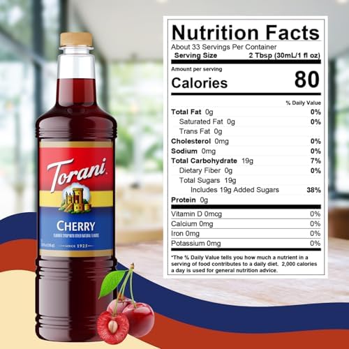 Torani Cherry Coffee Syrup 1 Liter Bottle with Pump Dispenser – Flavored Syrup for Lattes, Teas, Cocktails, Lemonades & Desserts – Premium Coffeehouse Quality Drink Syrup
