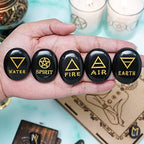 Crocon 5 Elements Black Tourmaline Stones Engraved Triangle Symbols (Earth Air Fire Water Spirit) Polished Palm Stones for Gemstone Reiki Crystals and Healing Stones Meditation Divination Tools Gifts