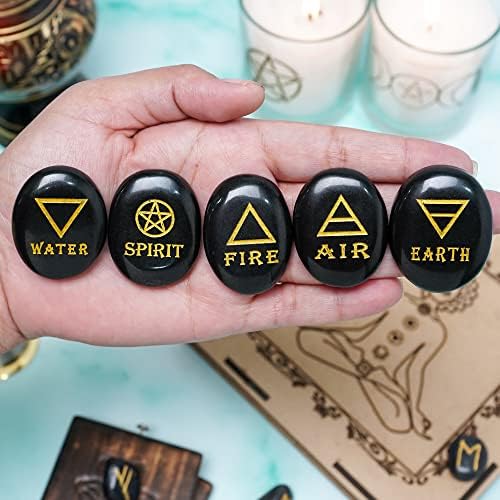 Crocon 5 Elements Black Tourmaline Stones Engraved Triangle Symbols (Earth Air Fire Water Spirit) Polished Palm Stones for Gemstone Reiki Crystals and Healing Stones Meditation Divination Tools Gifts