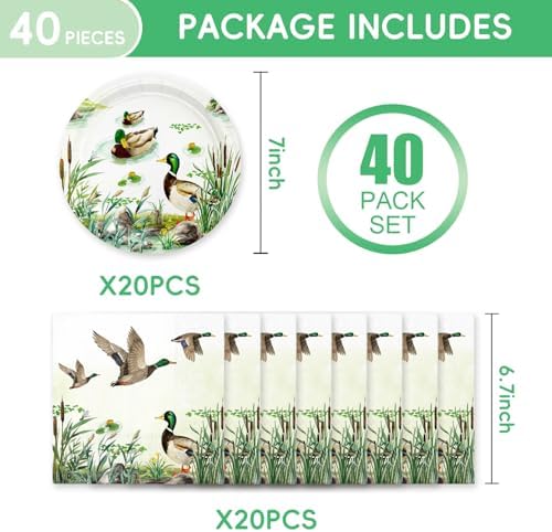 40Pcs One Lucky Duck Birthday Party Decorations,Mallard Duck Hunting or Baby Shower Decorations Plates Napkins,Set for 20 Guests