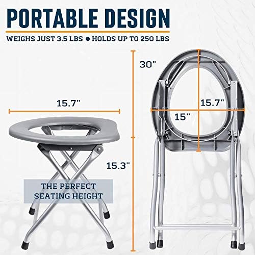 Alpcour Portable Toilet Seat – Compact Lightweight Indoor & Outdoor Commode w/Built-In Bag Hooks & Travel Bag – Heavy-Duty Stainless-Steel Chair is Durable & Convenient For Camping, Travel & Emergency