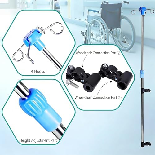 IV Pole Portable for Wheelchair, Adjustable Height IV Stand with Hooks, Medical IV Drip Infusion Bag Holder for for Home Care, Hospitals
