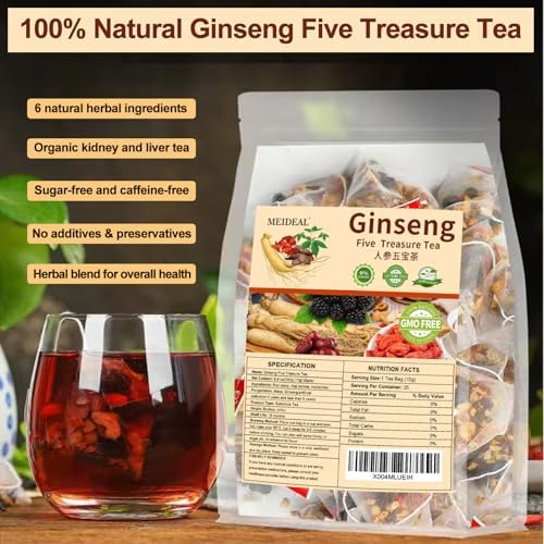 Ginseng Five Treasures Tea, Natural Kidney Tea for Women & Men, 6 Precious Ingredients Blend, Organic Ginseng Six Treasures KidneyTea, Chinese Herbal Teabags (25 Pcs 1 Bag)