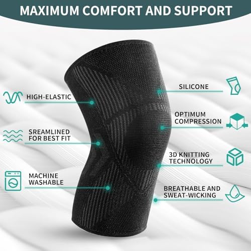 Knee Braces for Knee Pain Relief, 2 Pack Knee Brace for Meniscus Tear, Knee Compression Sleeves for Men & Women, Knee Support Pad for Working Out, Arthritis, ACL, Running, Joint Recovery