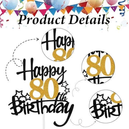 Happy 80th Birthday Cake Topper, Glitter Cheers to 80 Years Cake Topper, Fabulous Cake-Decoration for Happy 80th Birthday, Anniversary Party Cakes Decorations Supplies (Black, Gold)