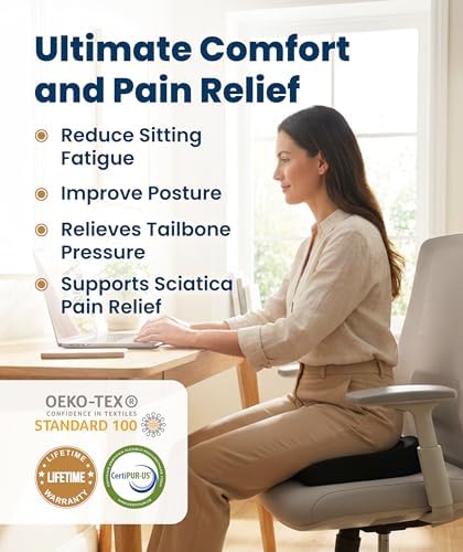 Everlasting Comfort Doctor Recommended Memory Foam Seat Cushion for Office Chairs & Car - Ergonomic Office Desk Accessories - Cushions for Tailbone Pain Relief, Sciatica (Black, Large)